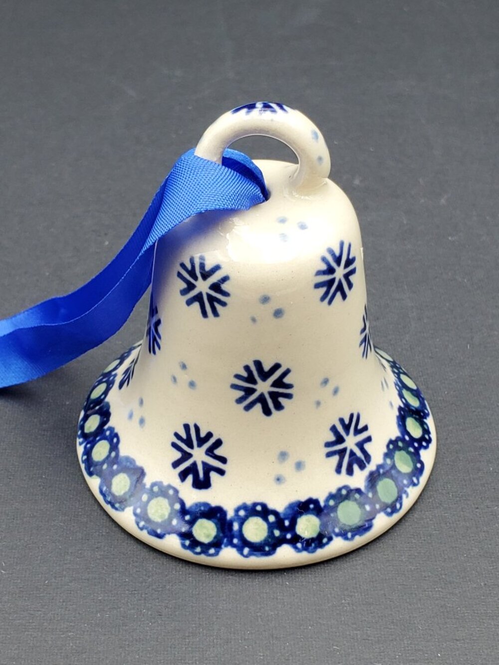 Polish Pottery Falling Snowflakes Bell Ornament Winter Holiday Decor